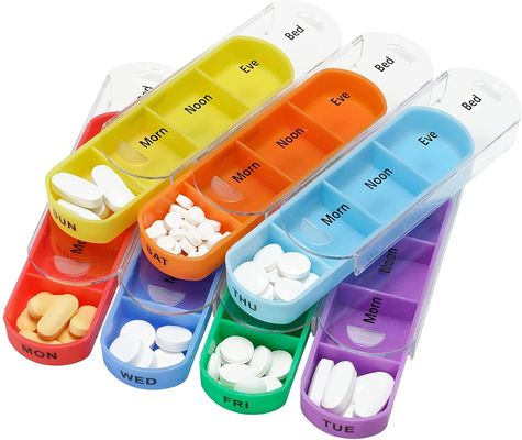 Pill Organizer Box Cute Travel Weekly Pill Box Medication Reminder Daily AM PM, Day Night 7 Compartments-Includes Black Leather