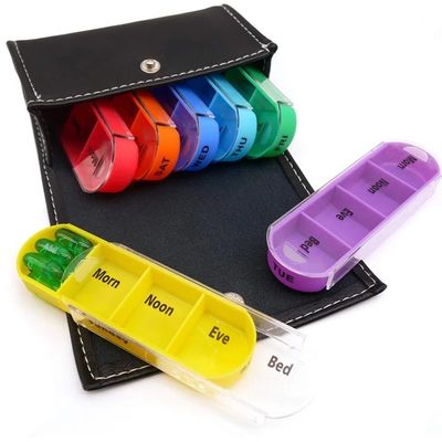 Hot selling  7 day 28 case colored pill box organizer in PU leather bag Weekly Large Travel Pill Organizer 4 Time a Day