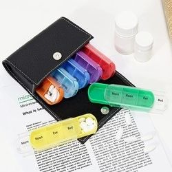 Pill Organizer Box Cute Travel Weekly Pill Box Medication Reminder Daily AM PM, Day Night 7 Compartments-Includes Black Leather